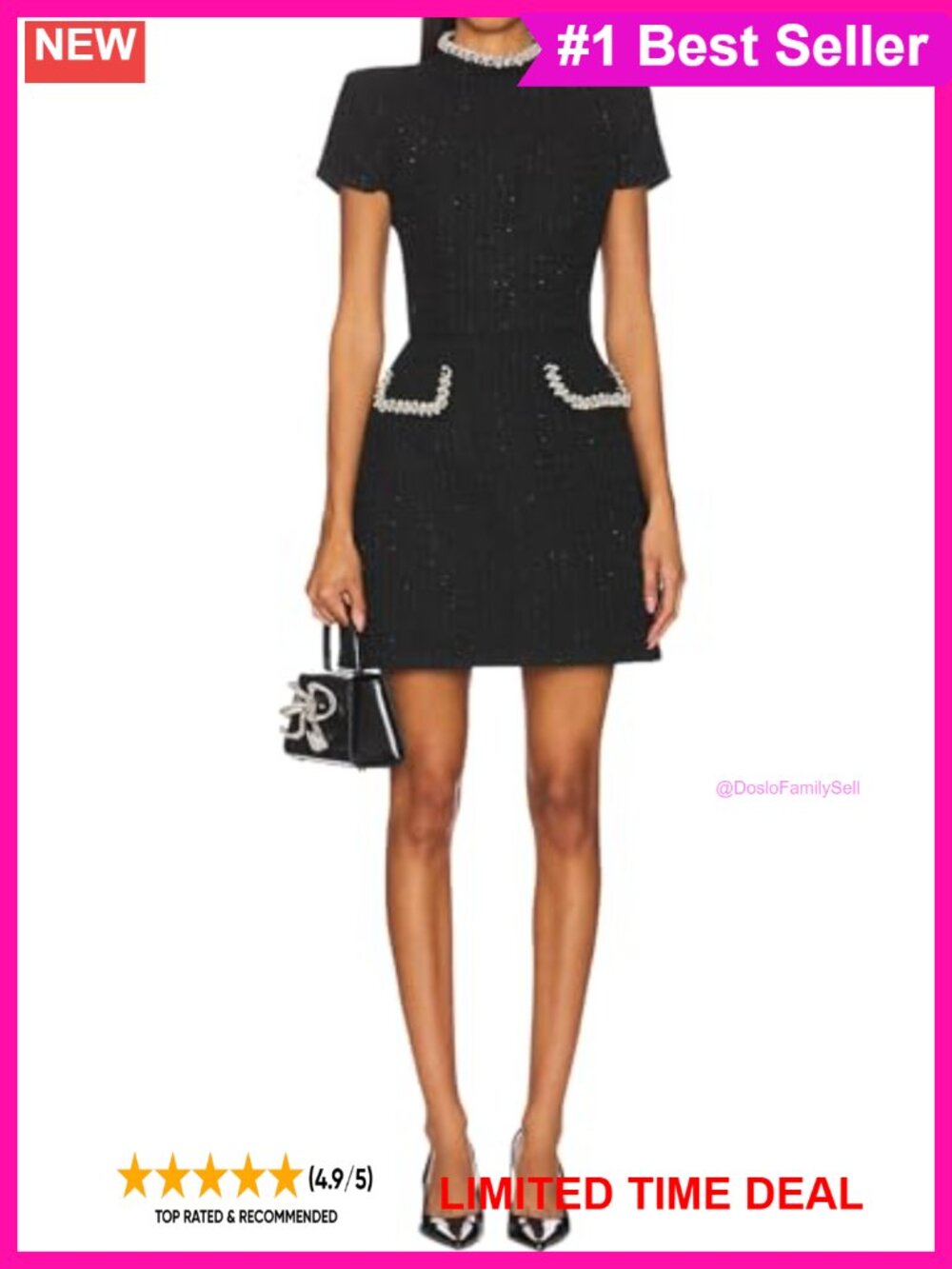 Tweed Bodycon Mini Dress Short Sleeve High Neck Pearl Trim Party Clubwear